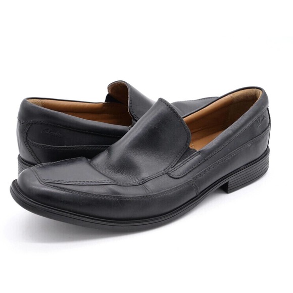 Clarks Shoes Mens 10.5 Black Leather Loafers Apron Toe Slip On Comfort Cushioned - Picture 1 of 10
